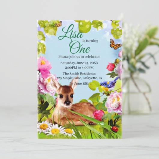 Cute Woodland Deer 1st Birthday Party Kaart (Staand voorkant)