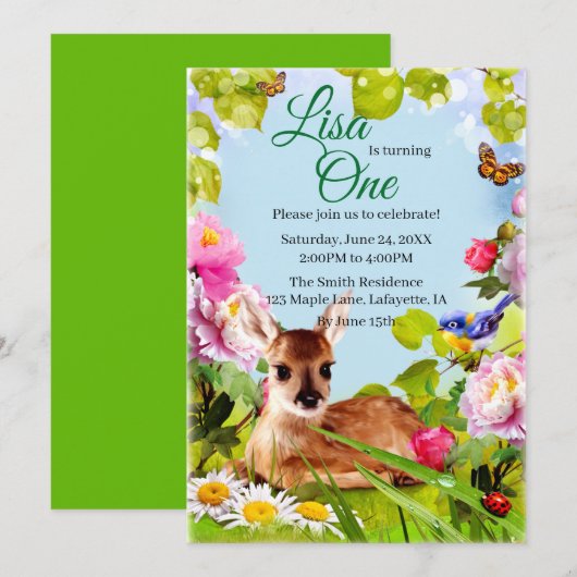 Cute Woodland Deer 1st Birthday Party Kaart (Voorkant / Achterkant)