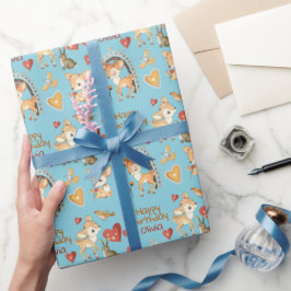 Cute Woodland Deer Birds Hearts Birthday Cadeaupapier