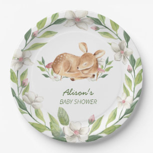 Cute Woodland Deer Floral Greenery Baby shower 9" Papieren Bordje
