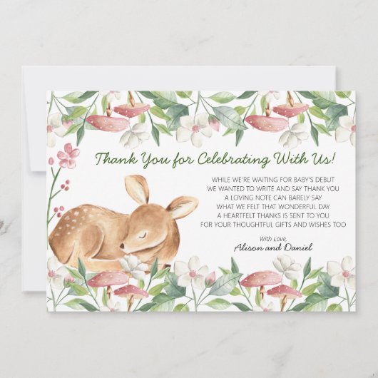 Cute Woodland Deer Floral Greenery Baby shower Bedankkaart (Voorkant)