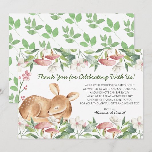 Cute Woodland Deer Floral Greenery Baby shower Bedankkaart (Voorkant / Achterkant)