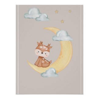 Cute Woodland Deer Moon Poster for Children