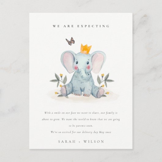 Cute Woodland Elephant Foliage Baby Aankondiging Briefkaart (Voorkant)