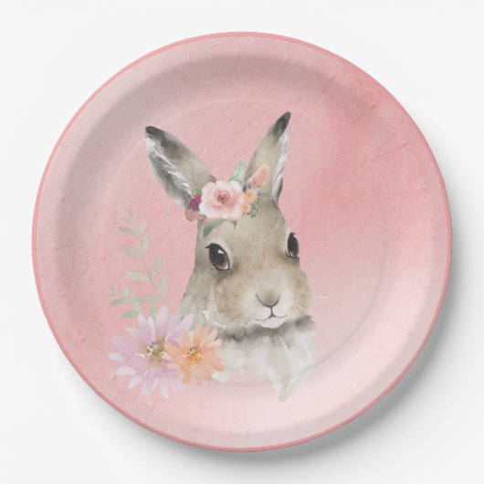 Cute Woodland Floral Bunny Waterverf Baby shower Papieren Bordje (Voorkant)