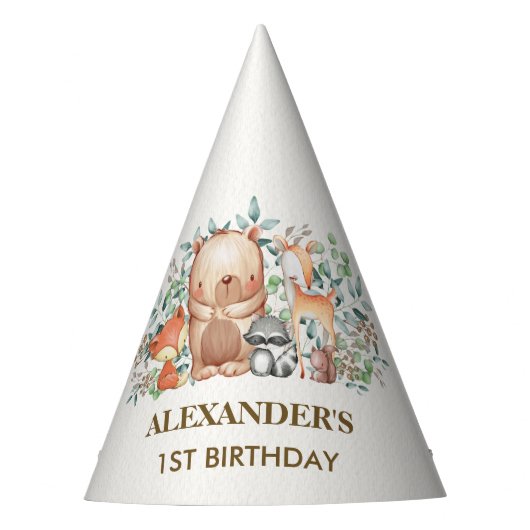 Cute Woodland Forest Animals 1st Birthday Feesthoedjes (Voorkant)