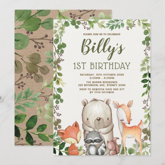 Cute Woodland Forest Animals 1st Birthday Party Kaart (Voorkant / Achterkant)