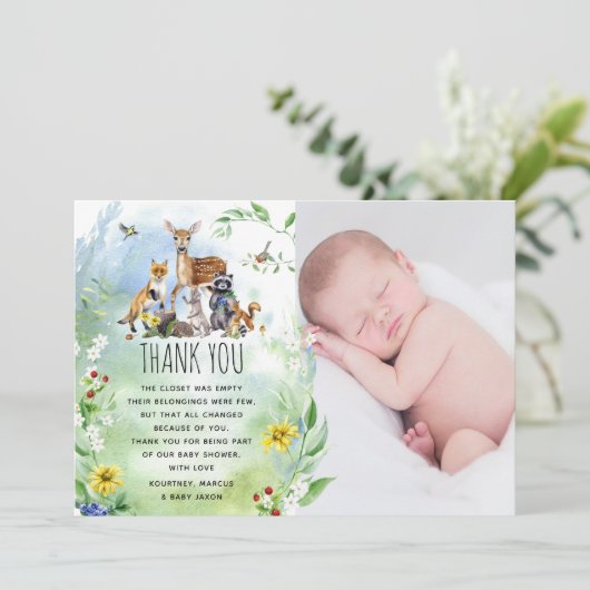 Cute Woodland Forest Animals Baby shower Foto Bedankkaart (Staand voorkant)