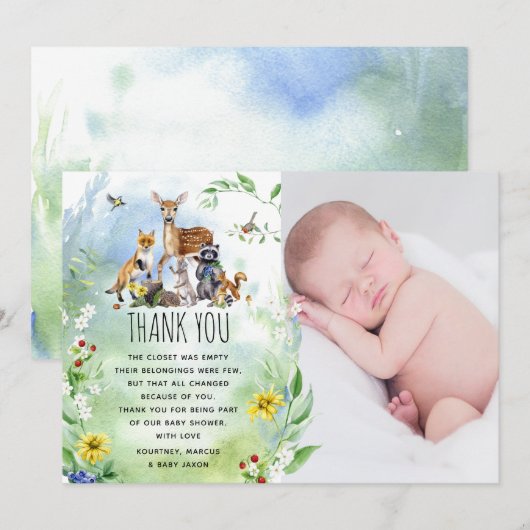 Cute Woodland Forest Animals Baby shower Foto Bedankkaart (Voorkant / Achterkant)