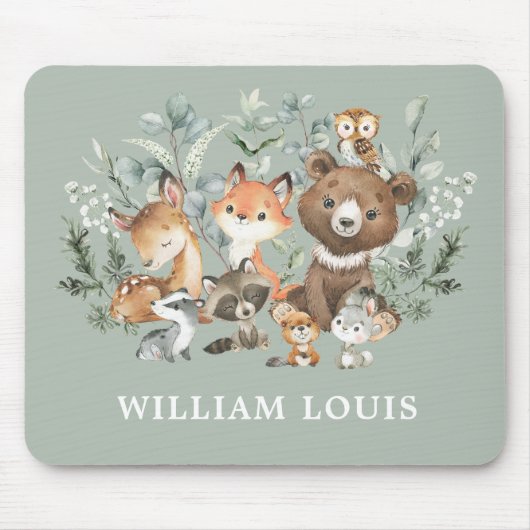 Cute Woodland Forest Animals Greenery Monogram Muismat (Voorkant)