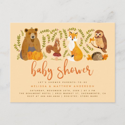 Cute Woodland Forest Animals Pumpkin Baby shower Uitnodiging Briefkaart (Voorkant)