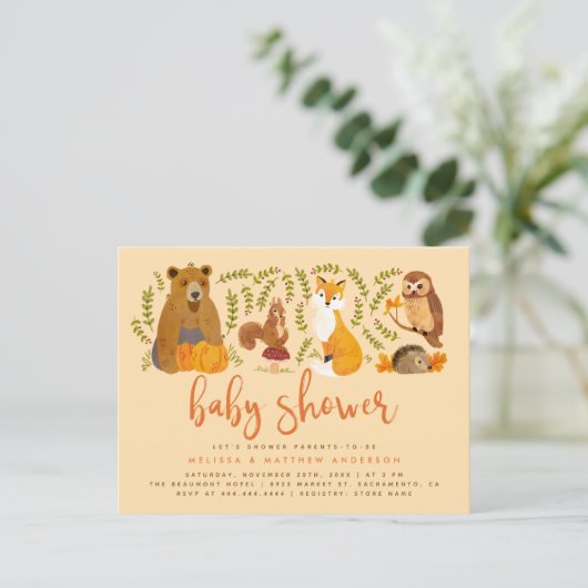 Cute Woodland Forest Animals Pumpkin Baby shower Uitnodiging Briefkaart (Staand voorkant)