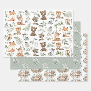 Cute Woodland Forest Animals Sage Greenery Inpakpapier Vel