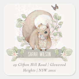 Cute Woodland Forest Floral Squirrel Adres Vierkante Sticker