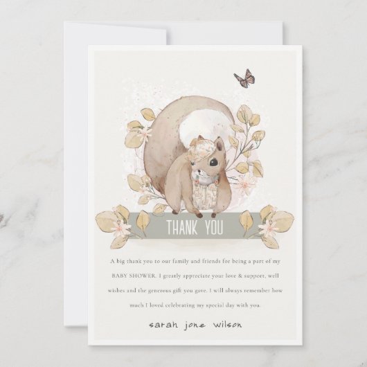 Cute Woodland Forest Floral Squirrel Baby shower Bedankkaart (Voorkant)