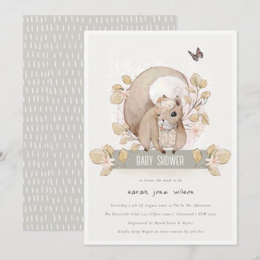 Cute Woodland Forest Floral Squirrel Baby shower Kaart (Voorkant / Achterkant)
