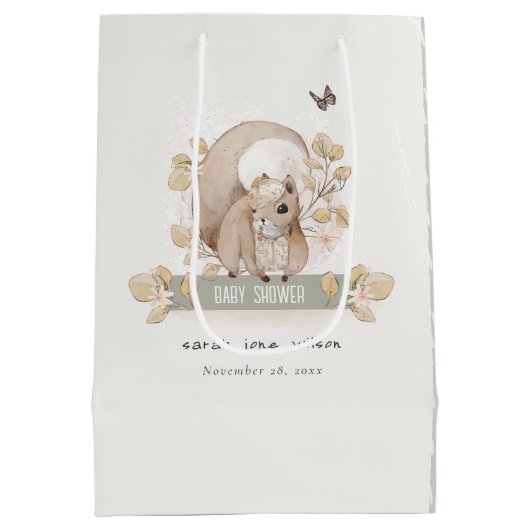 Cute Woodland Forest Floral Squirrel Baby shower Medium Cadeauzakje (Achterkant)