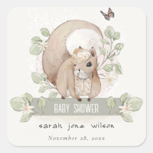Cute Woodland Forest Floral Squirrel Baby shower Vierkante Sticker