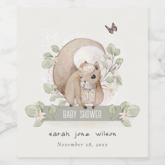 Cute Woodland Forest Floral Squirrel Baby shower Wijn Etiket (Enkel label)