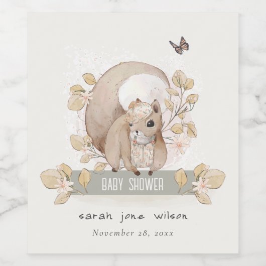 Cute Woodland Forest Floral Squirrel Baby shower Wijn Etiket (Enkel label)