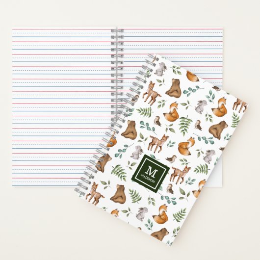 Cute Woodland Forest Greenermals Monogram Notitieboek (Binnen)