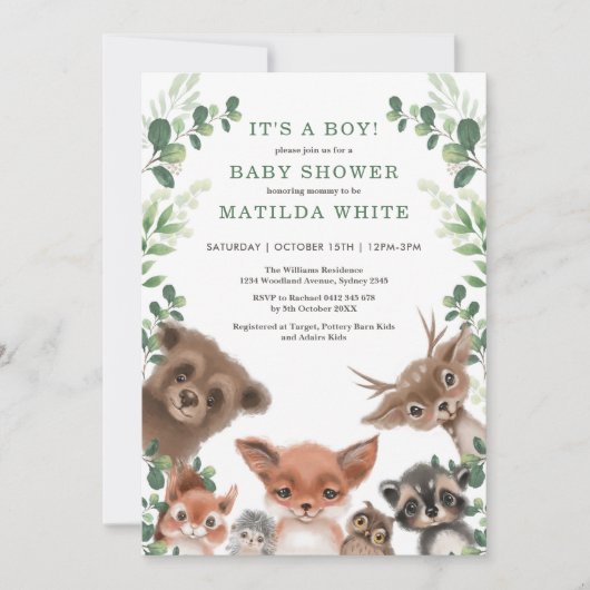 Cute Woodland Forest Greenery Animals Baby shower Kaart (Voorkant)