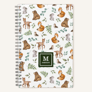 Cute Woodland Forest Greenery Animals Monogram Notitieboek