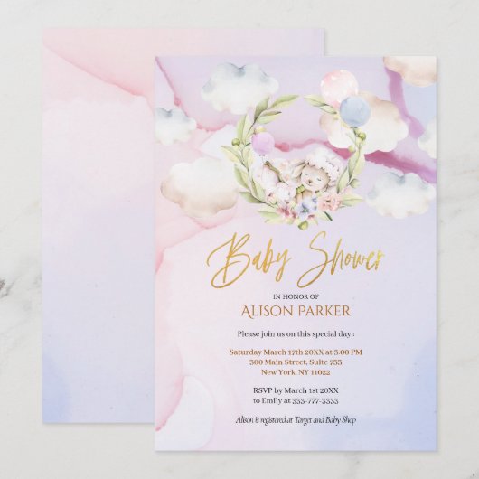 Cute Woodland Forest Rabbit Pink Sky | BABY SHOWER Kaart (Voorkant / Achterkant)