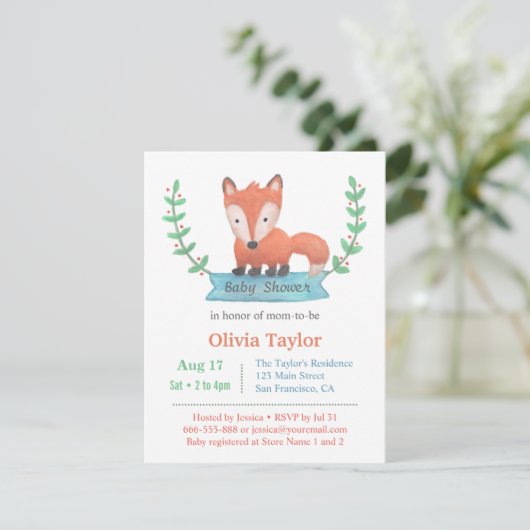 Cute Woodland Fox Baby Shower Invitations Kaart (Staand voorkant)