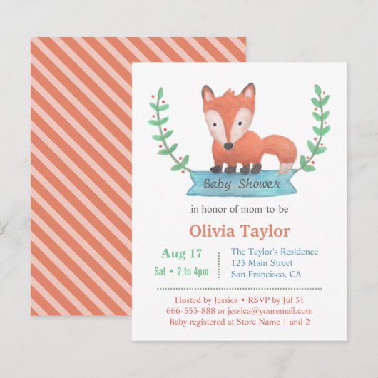 Cute Woodland Fox Baby Shower Invitations Kaart (Voorkant / Achterkant)