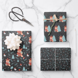 Cute Woodland Fox Black Kerstmis Inpakpapier Vel