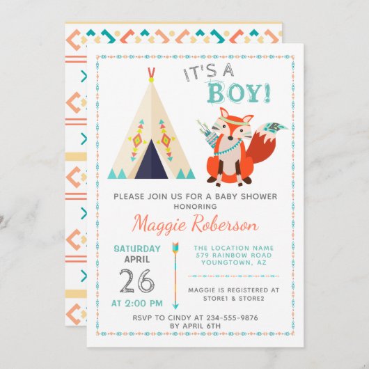 Cute Woodland Fox Boho Teepee Boy Baby shower Kaart (Voorkant / Achterkant)