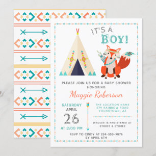 Cute Woodland Fox Boho Teepee Boy Baby shower Kaart