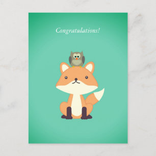 Cute Woodland Fox en Owl Congrats Newborn Baby Briefkaart