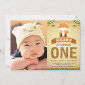 Cute Woodland Fox First Photo Birthday Invitation Kaart (Voorkant)