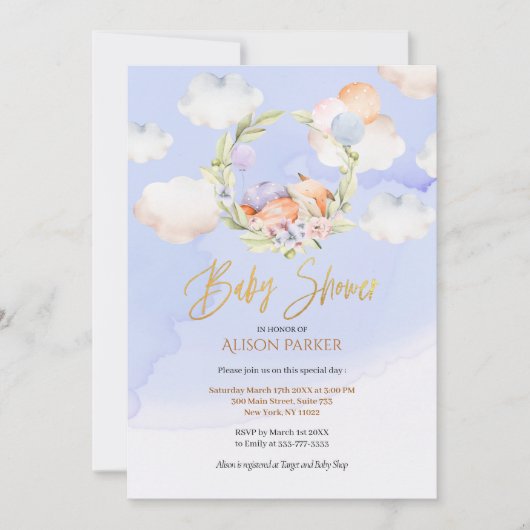 Cute Woodland Fox Floral Blue Sky Baby shower Kaart (Voorkant)