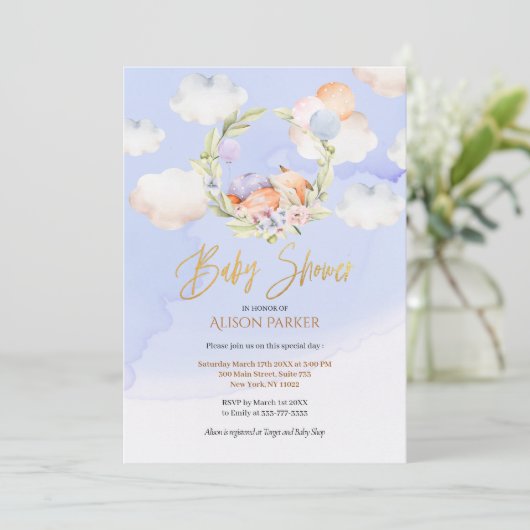 Cute Woodland Fox Floral Blue Sky Baby shower Kaart (Staand voorkant)