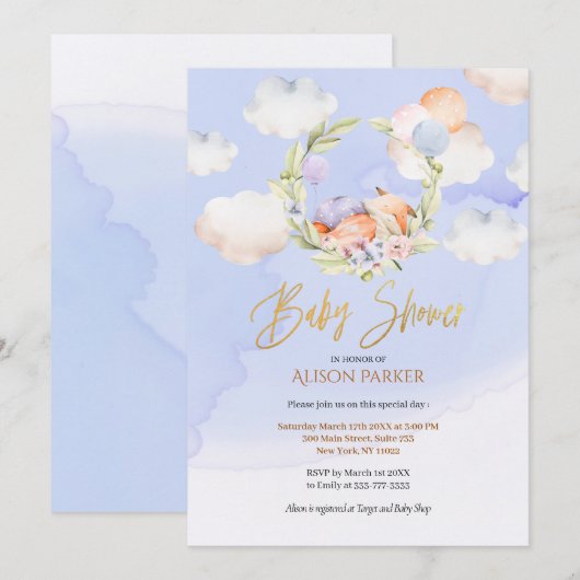 Cute Woodland Fox Floral Blue Sky Baby shower Kaart (Voorkant / Achterkant)