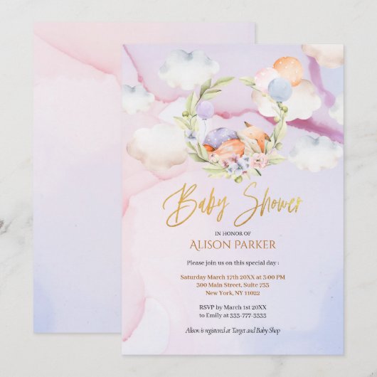 Cute Woodland Fox Floral Pink Sky Baby shower Kaart (Voorkant / Achterkant)