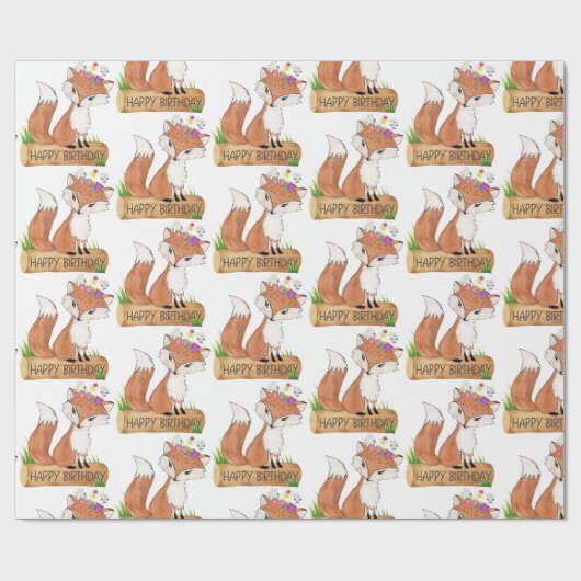 Cute Woodland Fox Happy Birthday Pattern Cadeaupapier (Vlak)