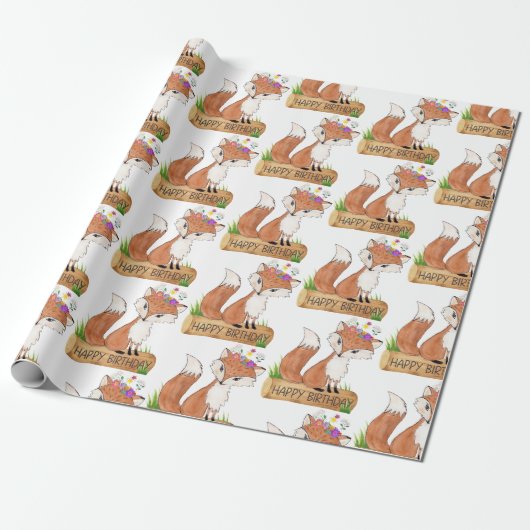 Cute Woodland Fox Happy Birthday Pattern Cadeaupapier (Uitgerold)