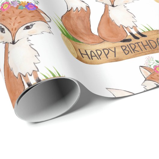 Cute Woodland Fox Happy Birthday Pattern Cadeaupapier (Rol Hoek)