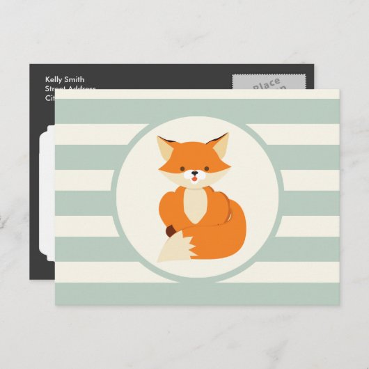 Cute Woodland Fox op Sage Green Stripes Briefkaart (Voorkant / Achterkant)
