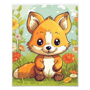 Cute Woodland Fox Tropical Flowers Foto Afdruk