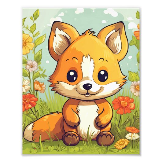 Cute Woodland Fox Tropical Flowers Foto Afdruk (Voorkant)