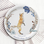 Cute Woodland Fox Waterverf Floral Baby shower Papieren Bordje<br><div class="desc">Cute Woodland Fox Waterverf Floral Baby shower Paper Party Borden bevat een schattige waterverf vos omringd door boho veren en bloemen in blauw,  grijs en bruin op een witte achtergrond met je persoonlijke naam en datum hieronder. Geef de tekst in de tekstvakjes uit die worden verstrekt om te personaliseren.</div>