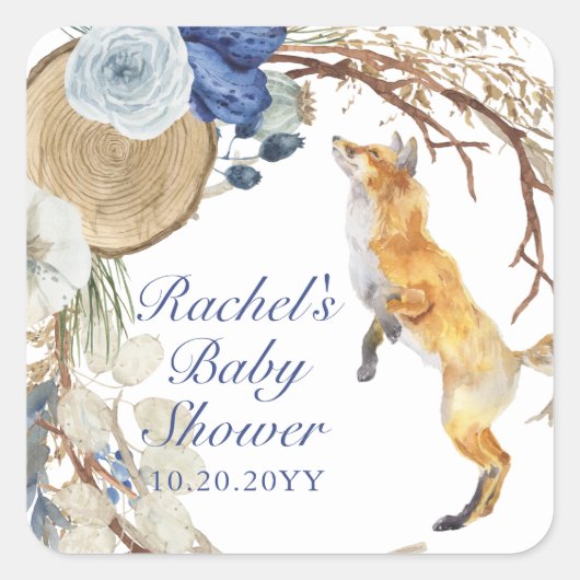 Cute Woodland Fox Waterverf Floral Baby shower Vierkante Sticker (Voorkant)