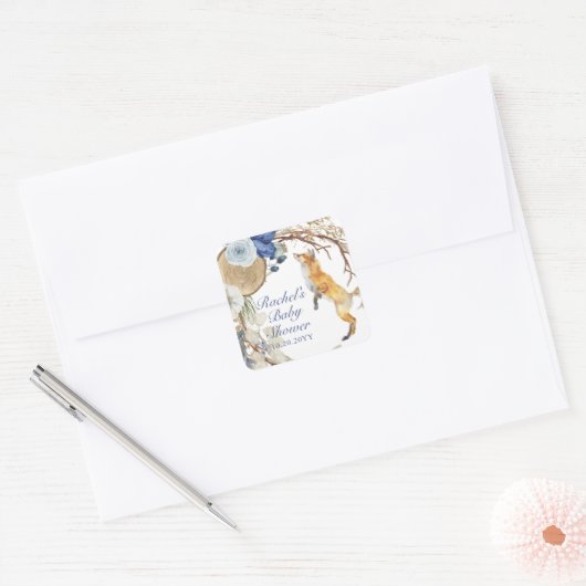 Cute Woodland Fox Waterverf Floral Baby shower Vierkante Sticker (Envelop)