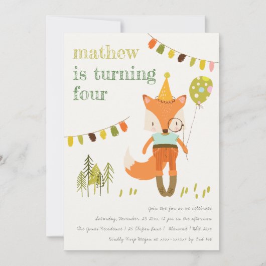 Cute Woodland Fun Feest Fox Kids Verjaardag Foto Kaart (Voorkant)