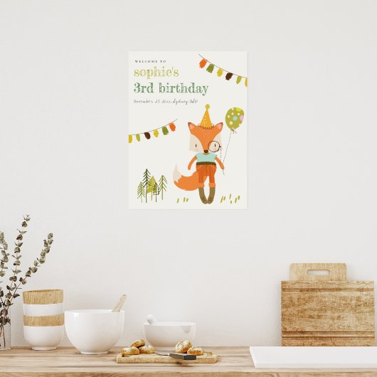Cute Woodland Fun Feest Fox Kids Verjaardag Welkom Poster (Keuken)